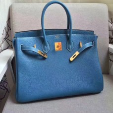 Hermes Birkin 35cm cattle skin vein Handbags blue gold Hermes Birkin 35cm cattle skin vein Handbags blue gold